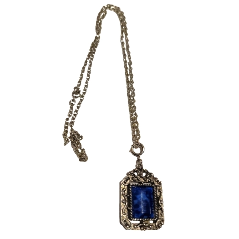Charm Pendant Blue Marble Faux Stone Cross Rope Filigree Rectangular Silvertone